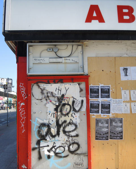you are free is written in black paint on an old glass case on the outside of Honest Eds