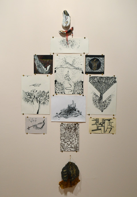 pen and ink, and paint, drawings by sab meynert on a gallery wall, thumb tacked to the wall,