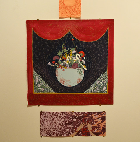 pen and ink, and paint, drawings by sab meynert on a gallery wall, thumb tacked to the wall,