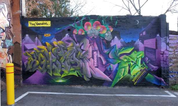mural on side of building, purple,