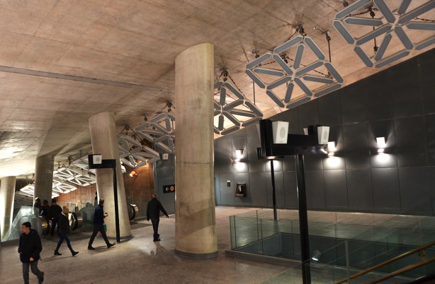 art installation, LightSpell by Jan andTim Edler hangs over th escalator at Pioneer Village TTC subway station,