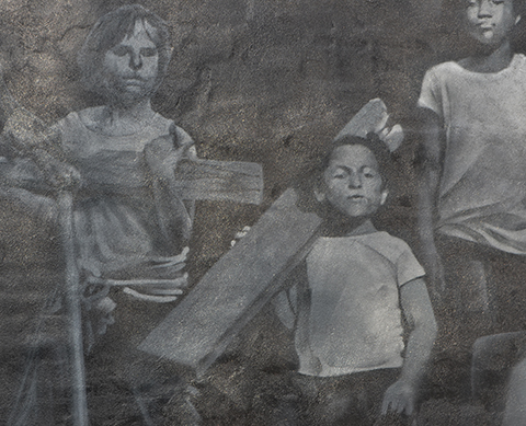 mural on the side of an old building, black and white, by omen, an ad for Sick Kids hospital, 4 sick kids waiting for treatment.