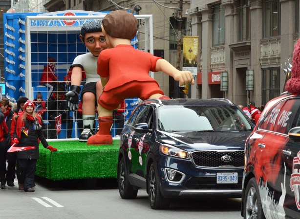 float being pulled by a car in the tfc parade on Bay Street, December 2017
