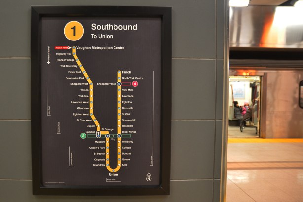 map of line 1 of the TOronto subway system, with red "you are here" arrow at the top left hand side, for Vaughan subway station.