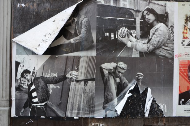 4 large black and white photos of people eating hamburgers, that is actually a mcdonalds ad