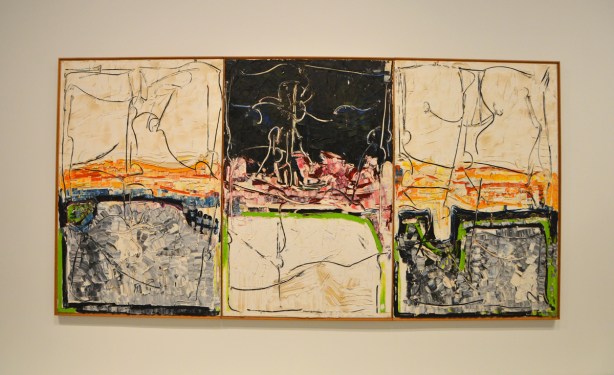 large painting by Riopelle called Mitchikanabikong which is sort of divided into 6 quares, 3 across the top row and 3 on the bottom.  they alternate light and dark 