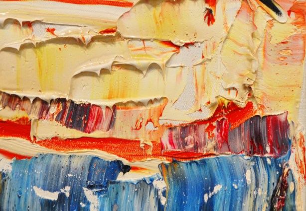 a close up of a large abstract painting with lots of acrylic paint on it 