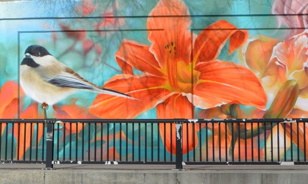 mural, large painting of a tiger lily and a sparrow