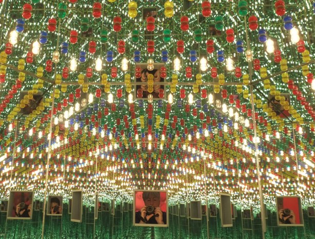 lights, mirrors in a room with a window. Looking in through the window. 