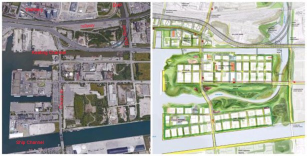 two maps side by side, one is an aerial photo of the port lands and the other is a drawing of the new route of the Don River through the port lands and the planned changes to the area. 