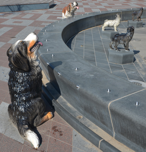statues of dogs around a fountain that is dry at the moment.