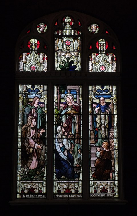 three panel stained glass window at St. Simons church 