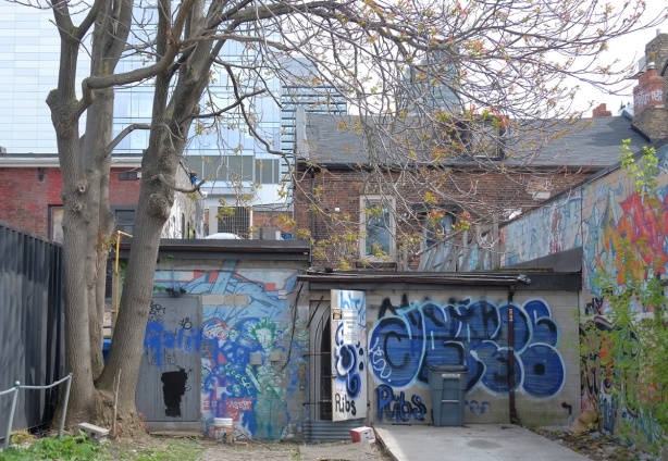 view of the back of stores and residences on Queen street as seen from the street behind, street art and graffiti on the old garages, tree, large buildings in the background. 