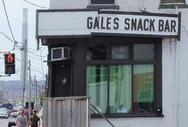 Gales snack bar, close up of window, green curtains, closed sign