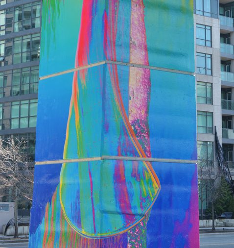 Dana Claxton canoe image at Bentway, Forest of Canoes, multicoloured, bright colours, 