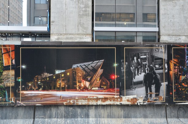 posters on hoardings in front of a construction site - picture of the ROM at night, picture of the interior of a menswear store, man trying on a suit 