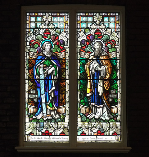 stained glass window, two panels, one with St. Simon and the other with St. Matthew, 