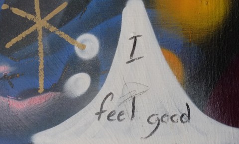 close up of street art on a wall, that someone has written in black marker, I feel good. 