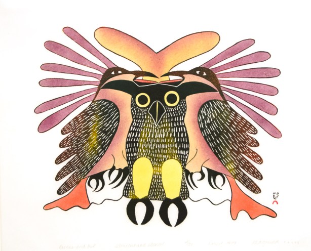 a picture of an Inuit artwork, Ravens and Owl, stonecut and stencil on paper, 1979, by Kenojuak Ashevak