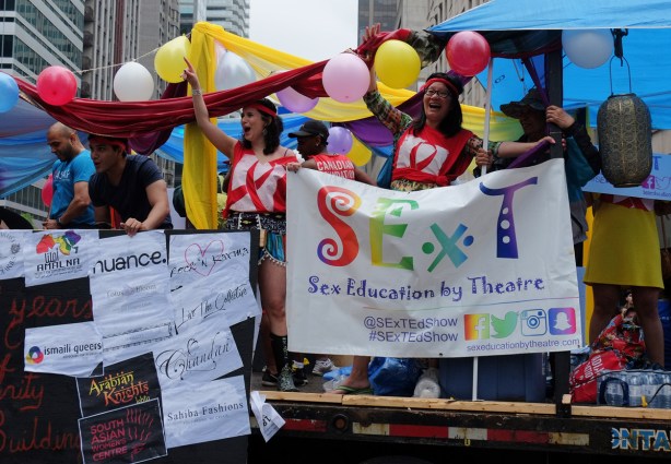 float in the pride parade about sex education through theatre, called sext, 