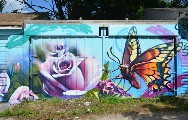 mural by Nick Sweetman, large realistic looking butterfly and a large pinkish rose