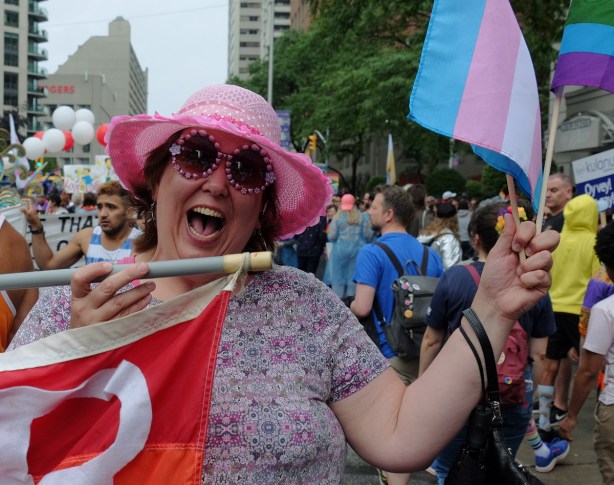 woman in pink hat and round sunglasses cheering while holding a banner in one hand and two flags in the other 