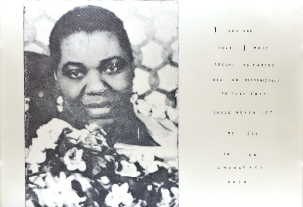 picture of the head and shoulders of a middle aged black woman, old black and white photo, with words beside that say "