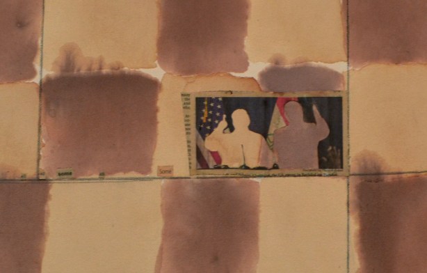 close up of an artwork, ink and collage. Brown squares in checkerboard shapes, with one shape being a photo, 4 small words from a newspaper, all (twice) and some (twice).