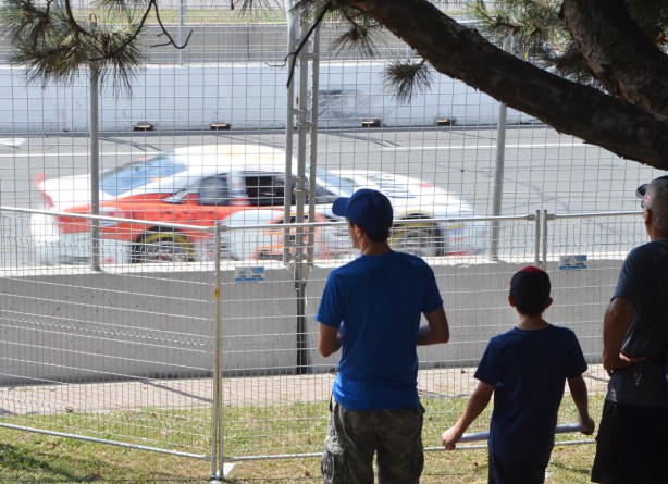 three men of three different ages stand on a grassy hill watching race cars practice at the Honda Indy in Toronto 