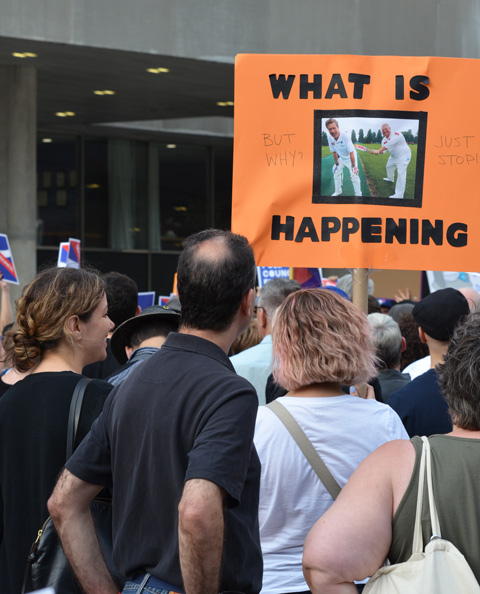 a woman with light brown hair holds a sign at a protest, seen from the back. The sign says what is happening? Picture of John Tory and Doug Ford as cricket players. 