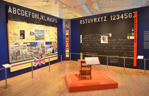 2 large assemblages, collages, by Jane Ash Poitras, called Potato Peeling 101 to Ethnobotany 101, on display at the Royal Ontario Museum