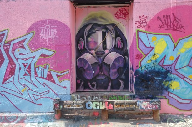 a mural of a person in a gas mask (spray paint mask) on a door in an lane with pink on either side 