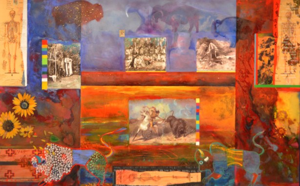 colourful collage and painting by Jane Ash Poitras. Uses old black and white photos