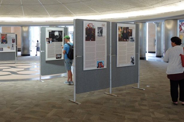 panels on exhibit at the rotunda at Toronto Metro Hall, Focus on Our Elders exhibit by the 6ix clicks photography group. Portraits and interviews of seniors in Toronto.