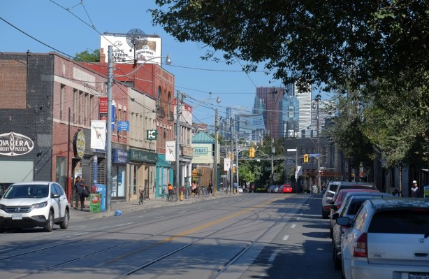 view along Dundas to the east, and downtown Toronto, from Dovercourt Rd