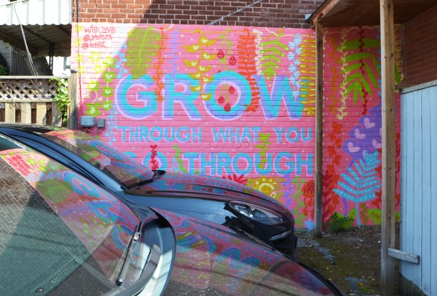mural in pink and pale blue, with some greenand yellow flowers. Large words that say Grow through what you go through. 