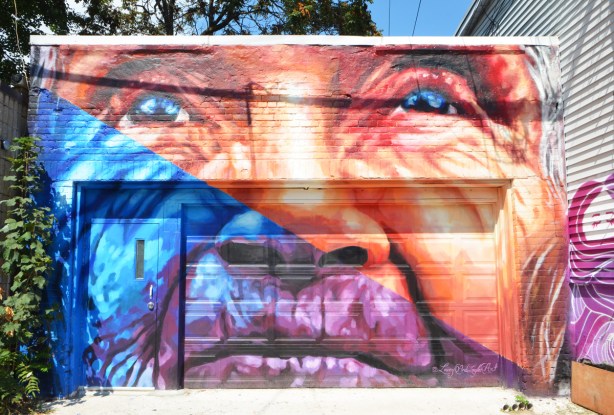 a large face of an older person, eyes, nose, mouth and wrinkles, covers the whole front of a garafe, in prange, blues, and purple, the work of Lacey & Layla, 