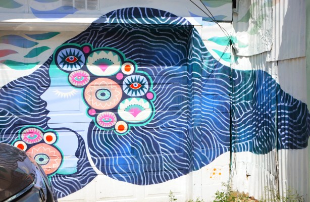 a mural on a garage door of a pale blue woman in profile, with long flowing dark blue hair, symbols and concentric designs in her hair around her face 