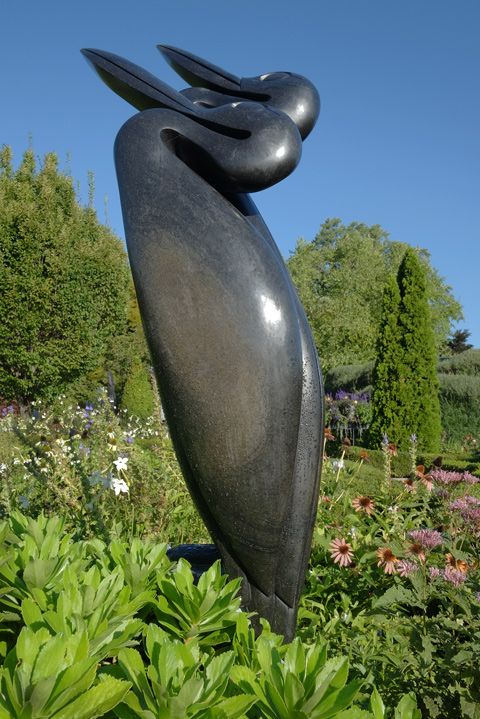 tall black sculpture at Edwards Gardens 