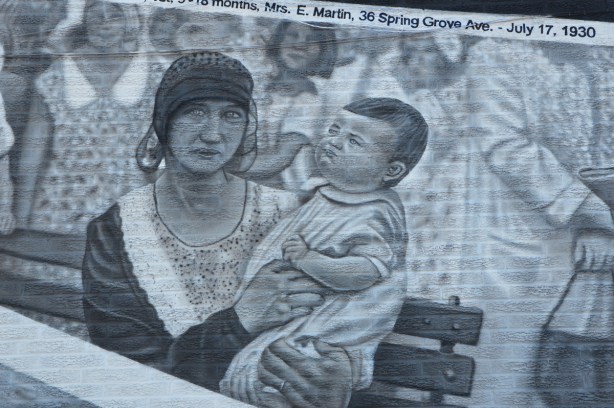 painting of a black and white photo from 1930 of a woman holding a baby 