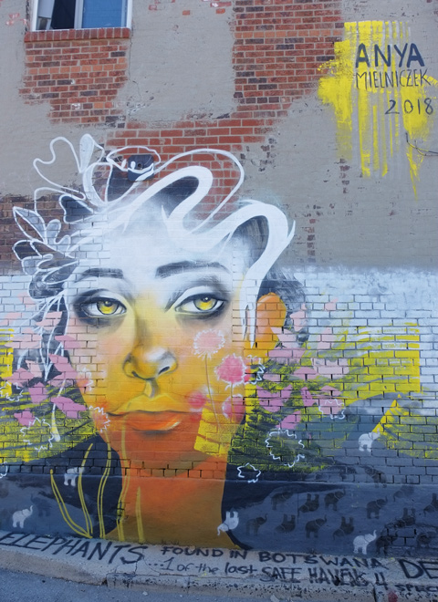 completed mural by anya mielniczek, woman with yellow skina dn eyes and black and white wavy hair, 