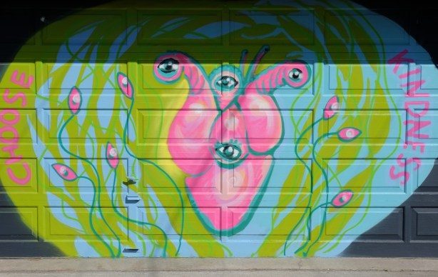 pink heart that is sort of anatomically correct, with words choose kindness around it, mural