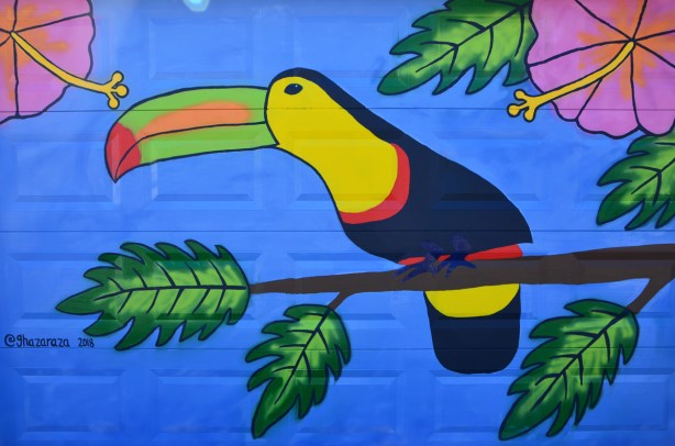mural of a toucan on a garage door 