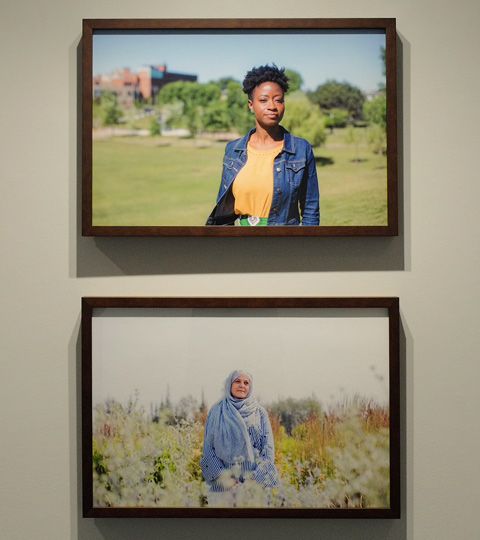 two photographs by Alia Youssef, each of a muslim woman in a field or park, the one on top is a younger black woman, the bottom is an older whiter woman with a head scarf