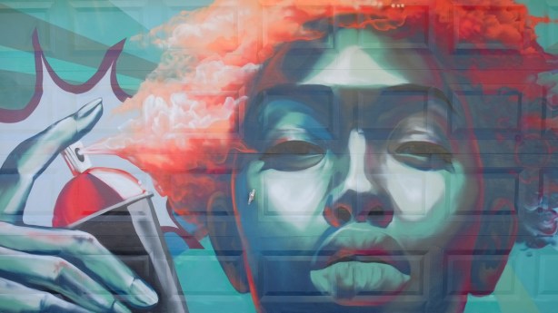 green and ornage mural on a garage door of a large face with frizzy hair, hand is holding a spray paint can and praying towards hair, orange paint orange hair. 