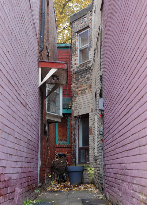 small walkway between two light purple buildings that leads to the entrance to another residence
