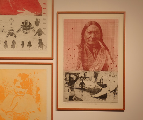 artwork by Carl Beam, called Columbus Suite, one picture from a series showing Indian chief on top and a black and white vintage photo on the bottom 