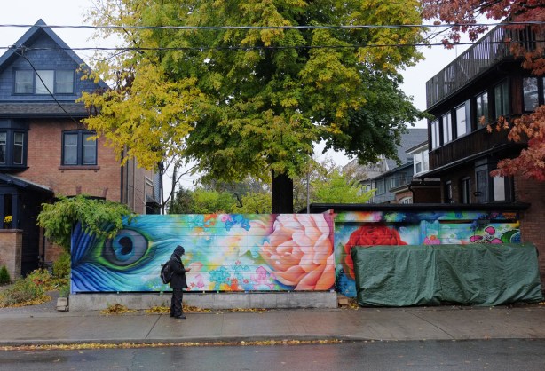 a man walks by a mural on a fence, a peacock feather and a pink flower 