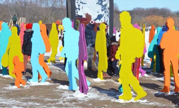 cavalcadde art installation at Woodbine beach, cutouts of people walking