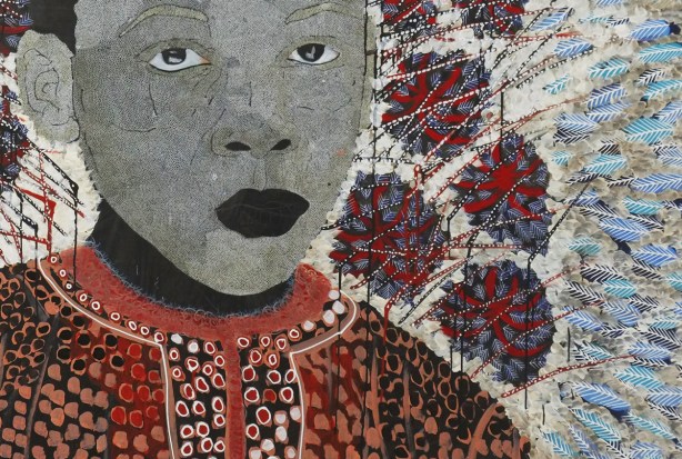 close up of a painting by Omar Ba of a boy's face in grey dots, wearing a patterned shirt 